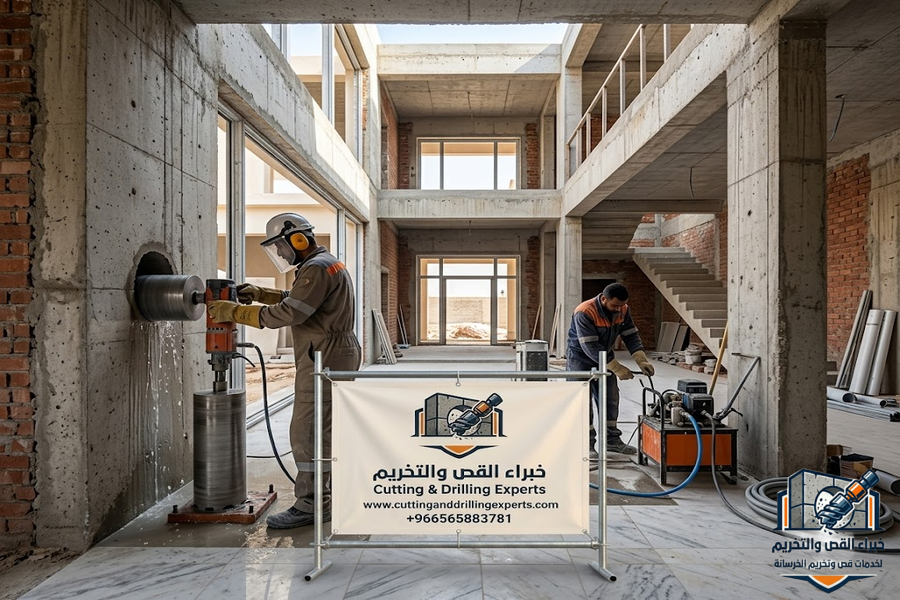 قص جدران خرسانية بحي المروة جدة باستخدام المناشير الماسية لفتح الأبواب والنوافذ وتوسعة المساحات بدقة هندسية عالية وبدون تكسير